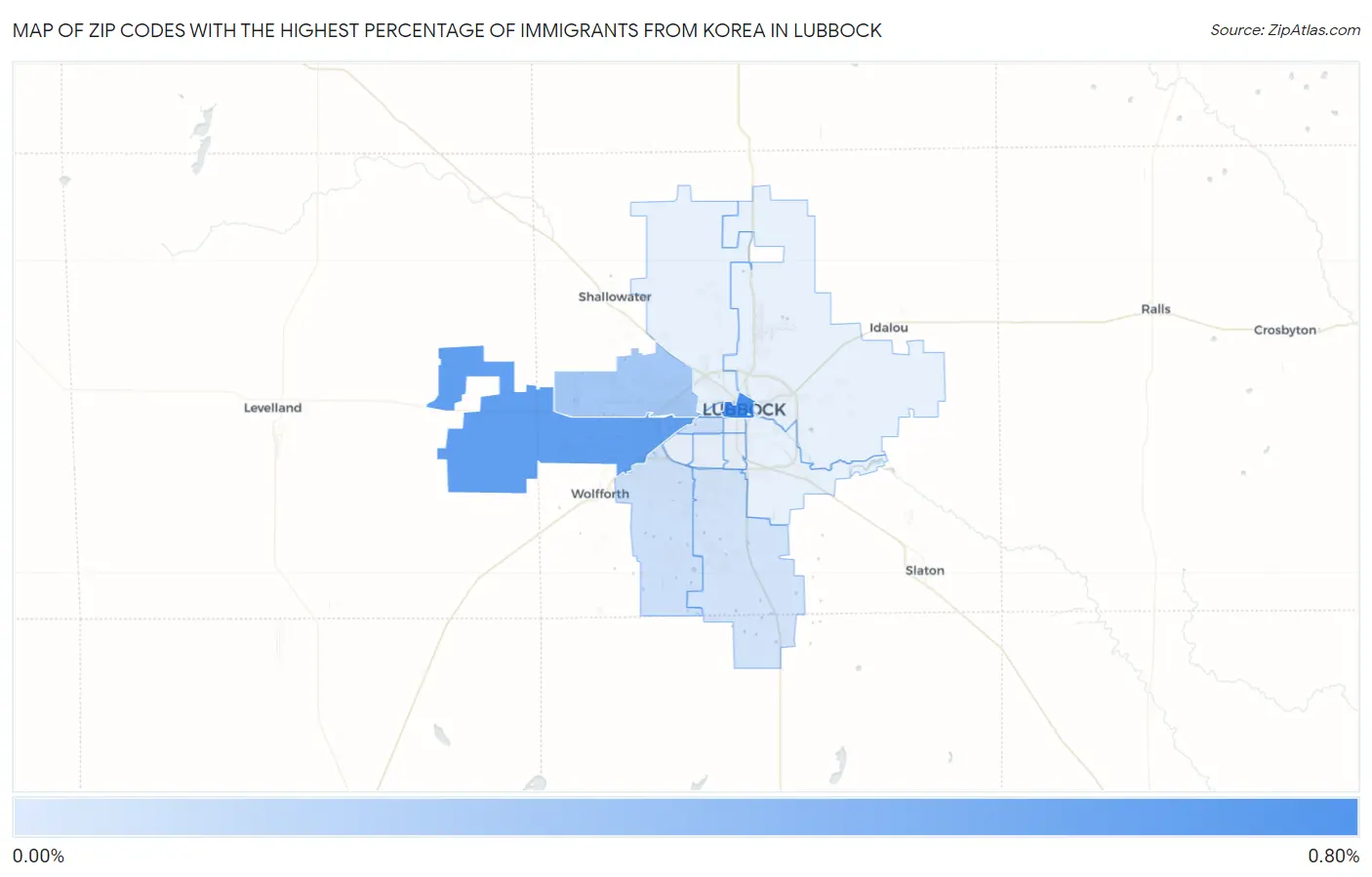 Zip Codes with the Highest Percentage of Immigrants from Korea in Lubbock Map