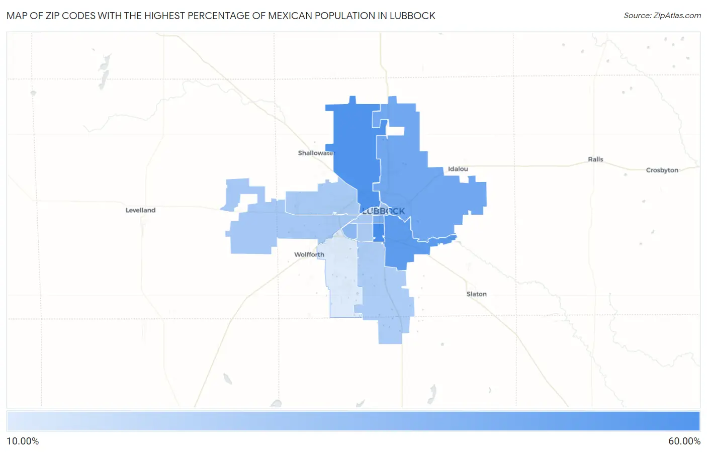Zip Codes with the Highest Percentage of Mexican Population in Lubbock Map