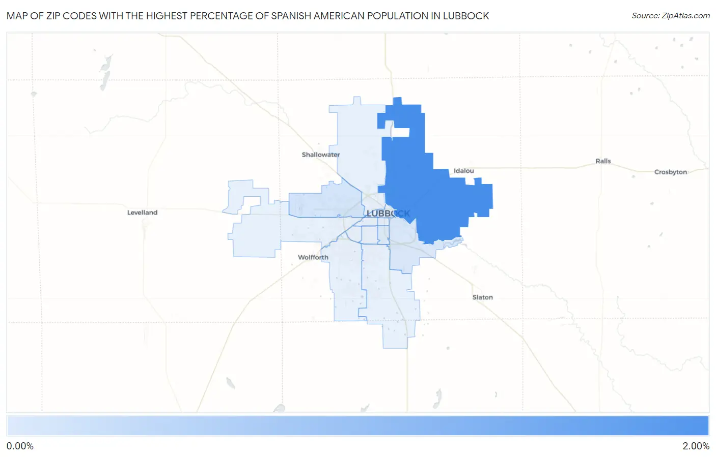 Zip Codes with the Highest Percentage of Spanish American Population in Lubbock Map