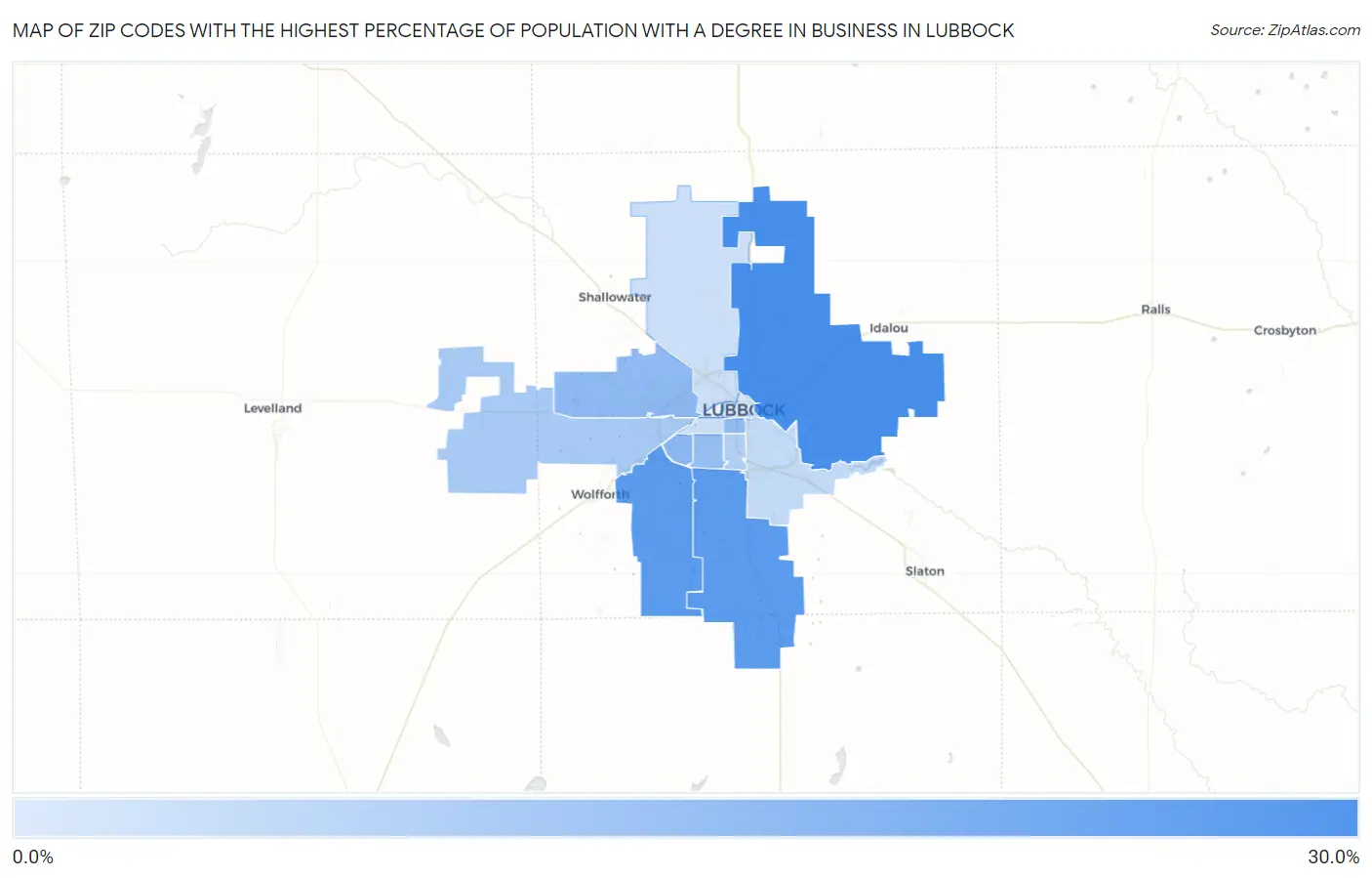 Zip Codes with the Highest Percentage of Population with a Degree in Business in Lubbock Map