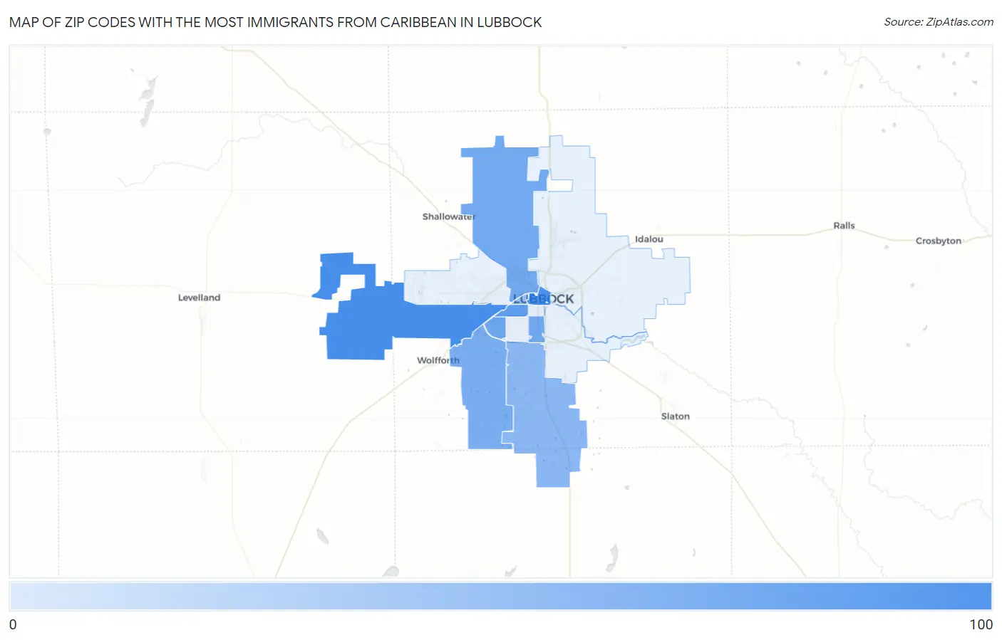 Zip Codes with the Most Immigrants from Caribbean in Lubbock Map
