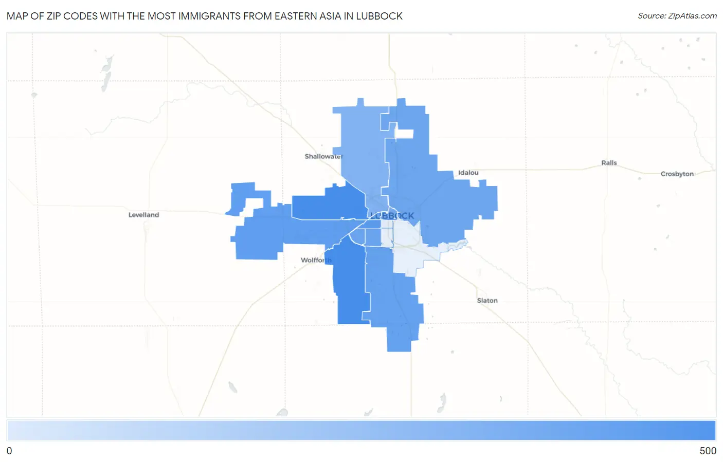 Zip Codes with the Most Immigrants from Eastern Asia in Lubbock Map