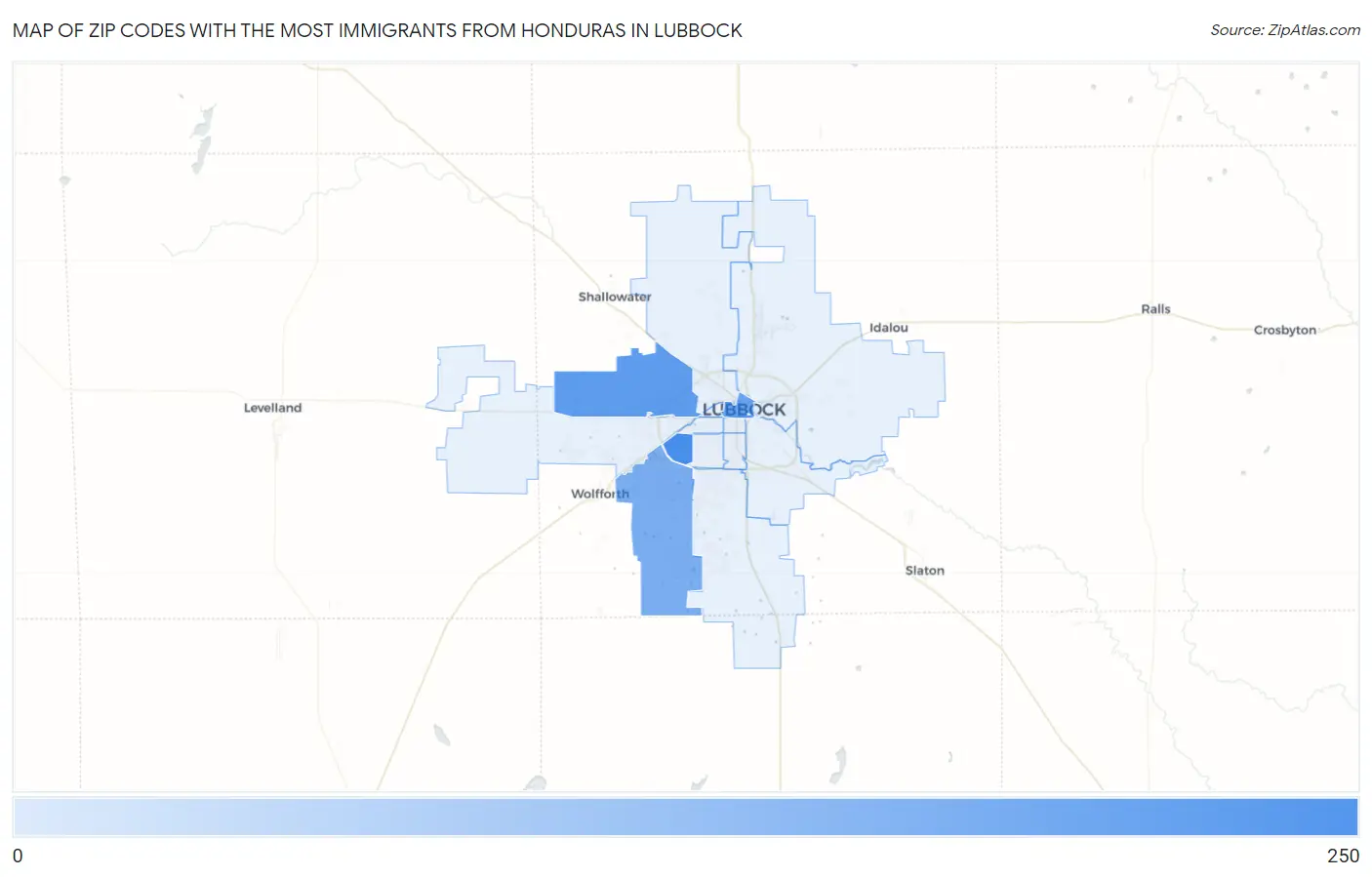 Zip Codes with the Most Immigrants from Honduras in Lubbock Map
