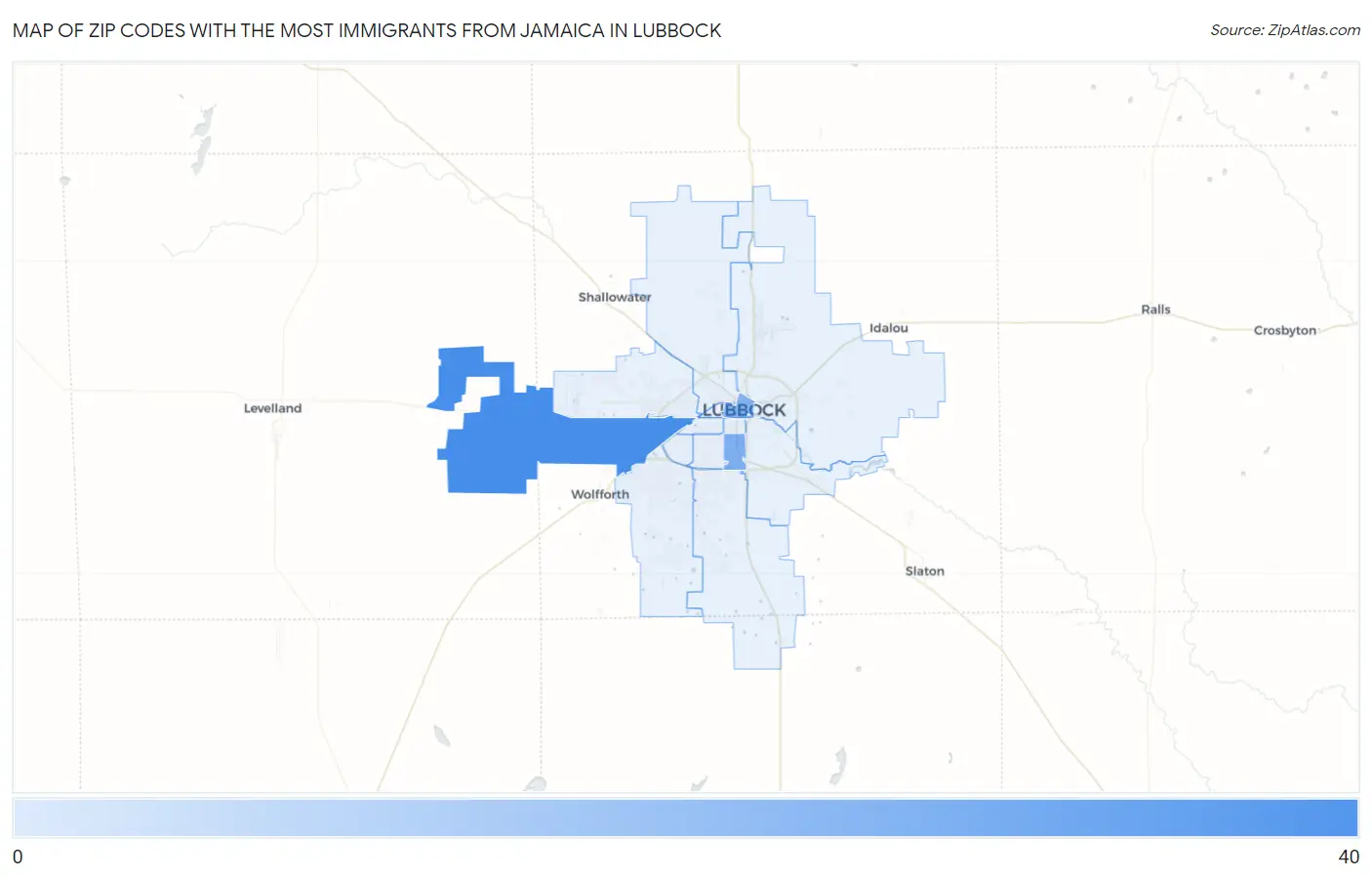 Zip Codes with the Most Immigrants from Jamaica in Lubbock Map