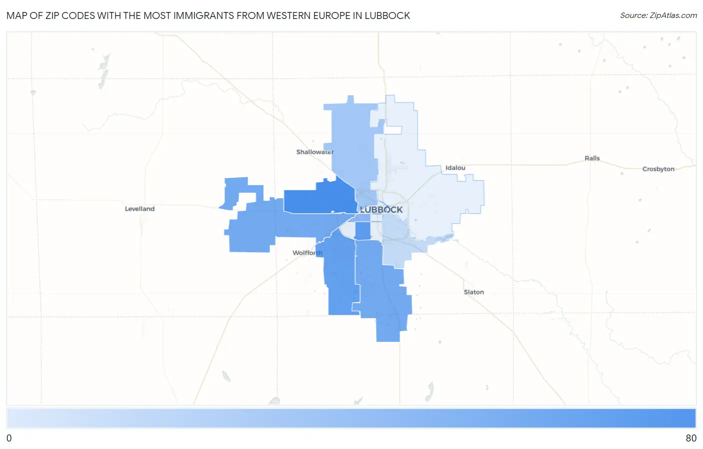 Zip Codes with the Most Immigrants from Western Europe in Lubbock Map