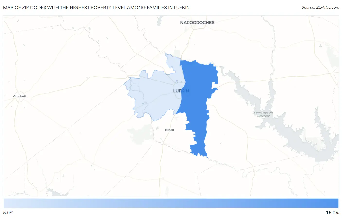 Zip Codes with the Highest Poverty Level Among Families in Lufkin Map