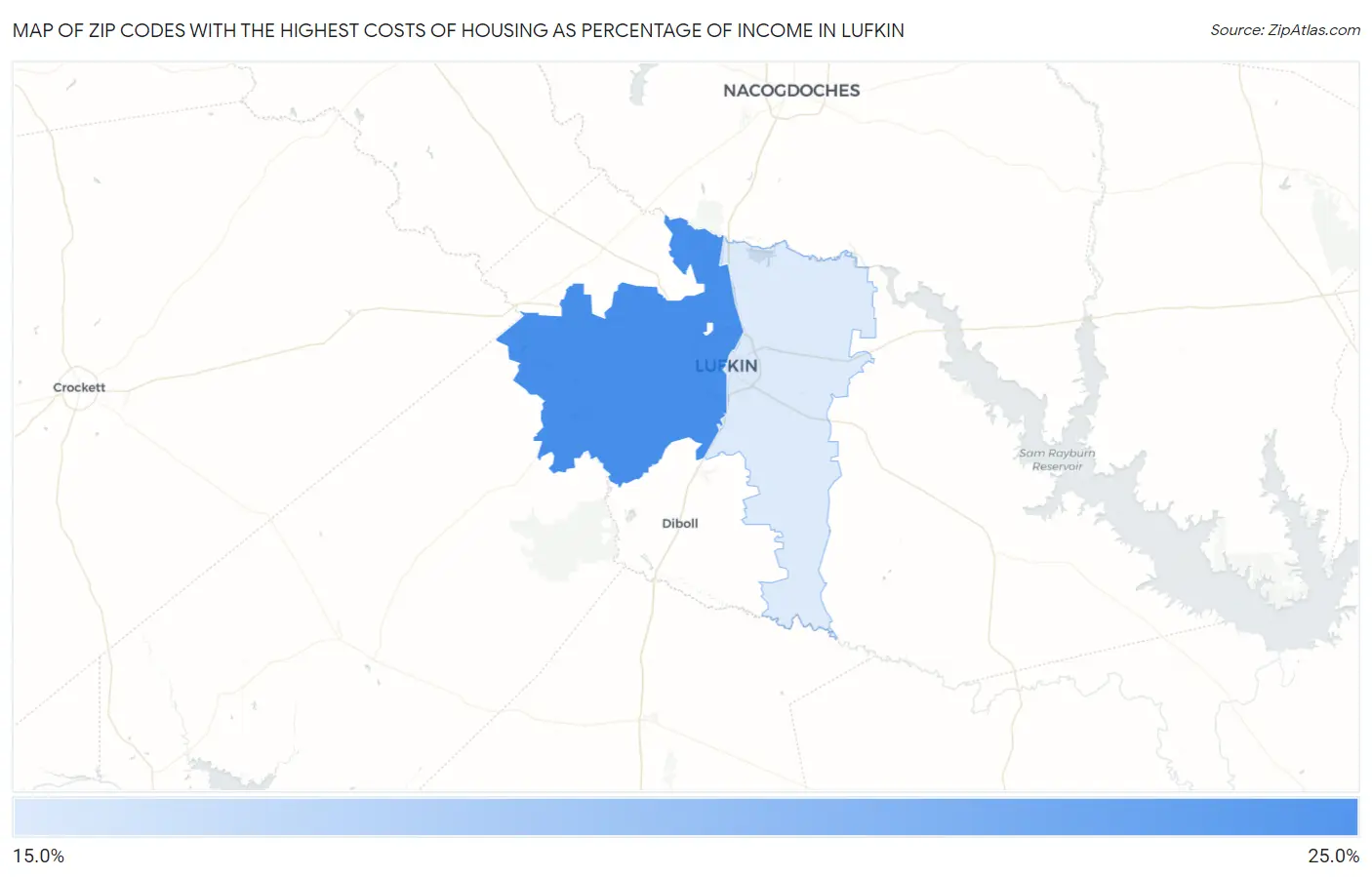 Zip Codes with the Highest Costs of Housing as Percentage of Income in Lufkin Map
