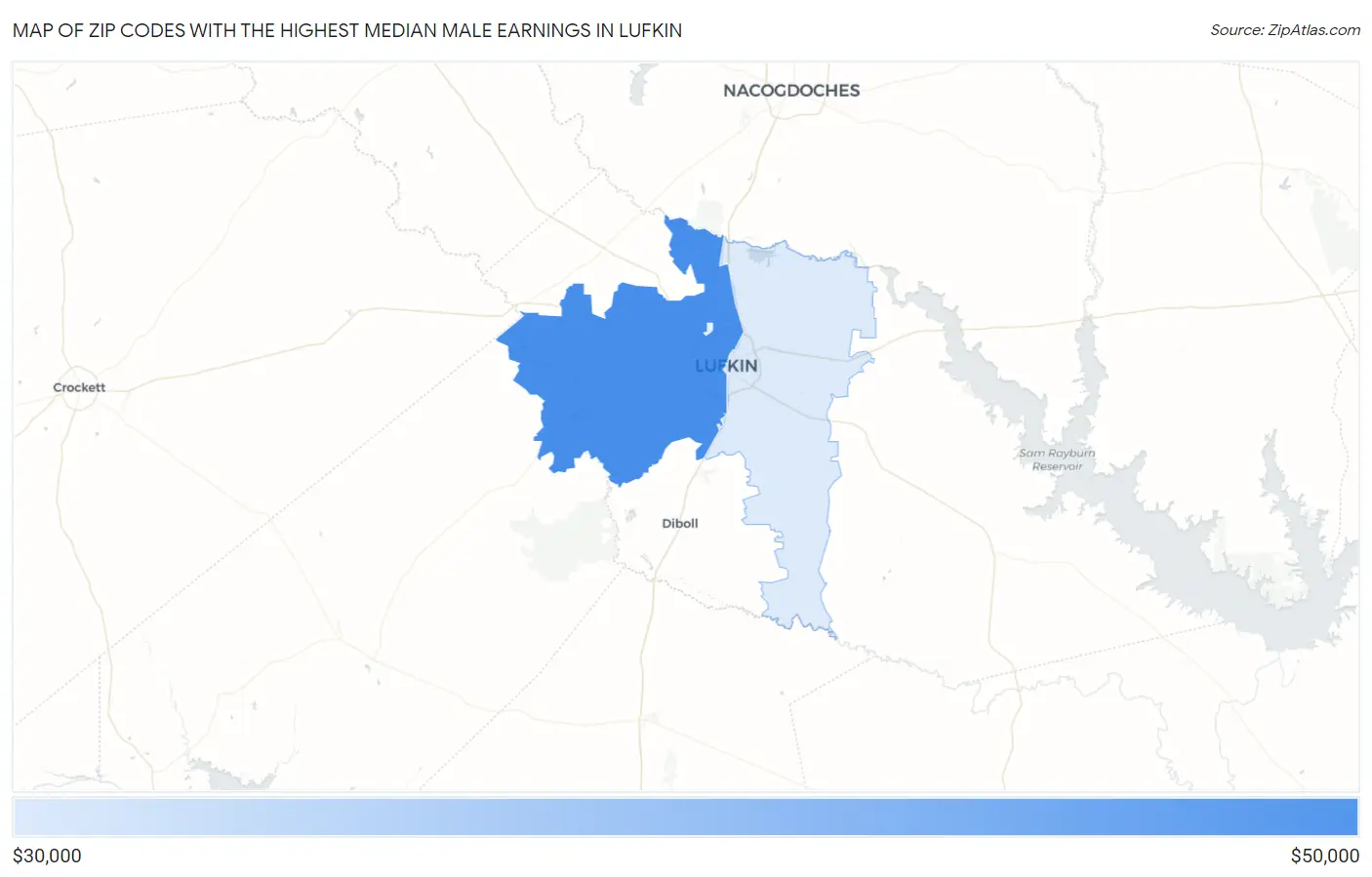 Zip Codes with the Highest Median Male Earnings in Lufkin Map