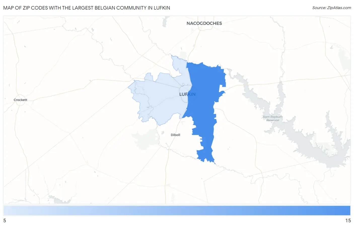 Zip Codes with the Largest Belgian Community in Lufkin Map