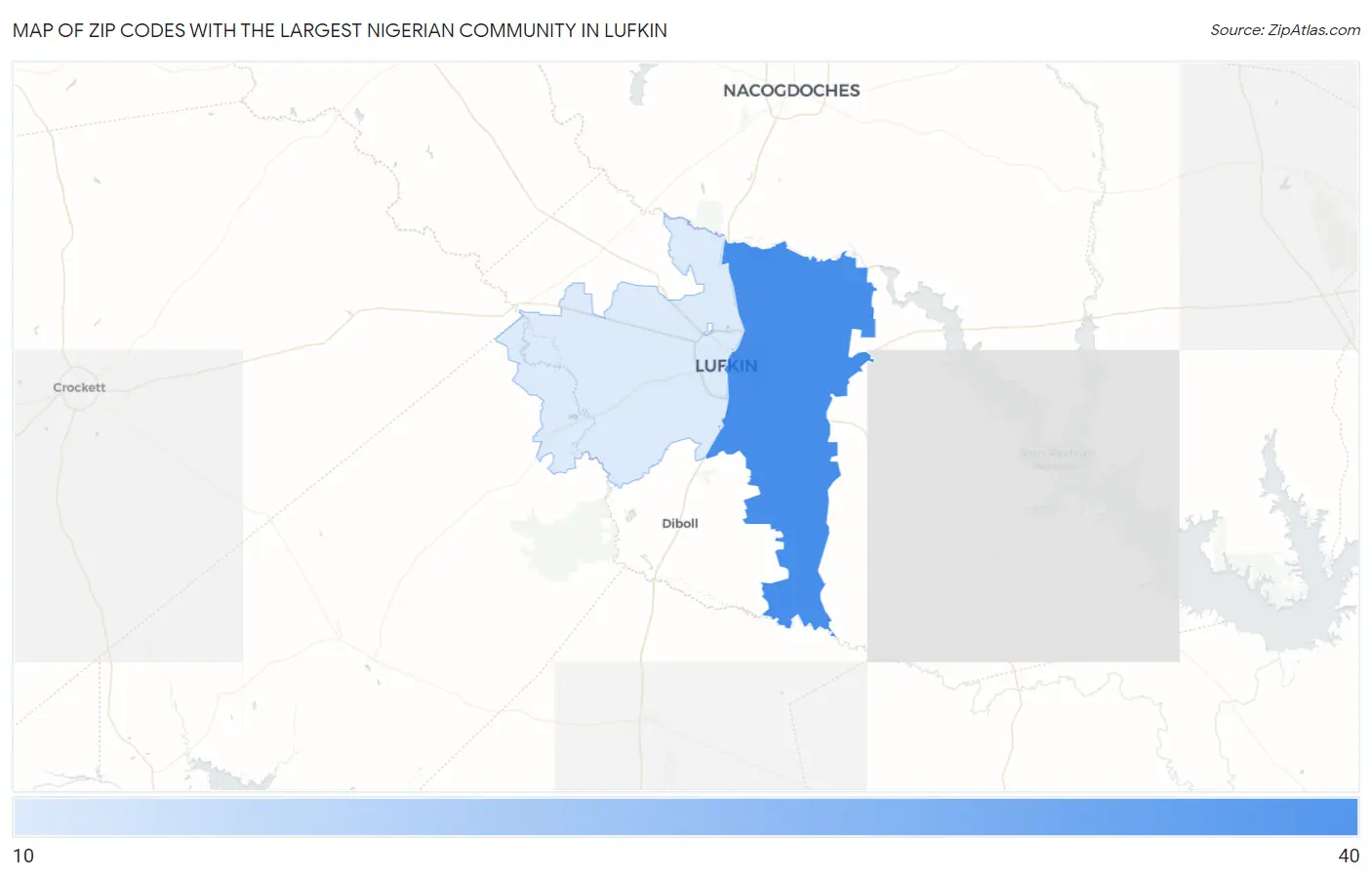 Zip Codes with the Largest Nigerian Community in Lufkin Map