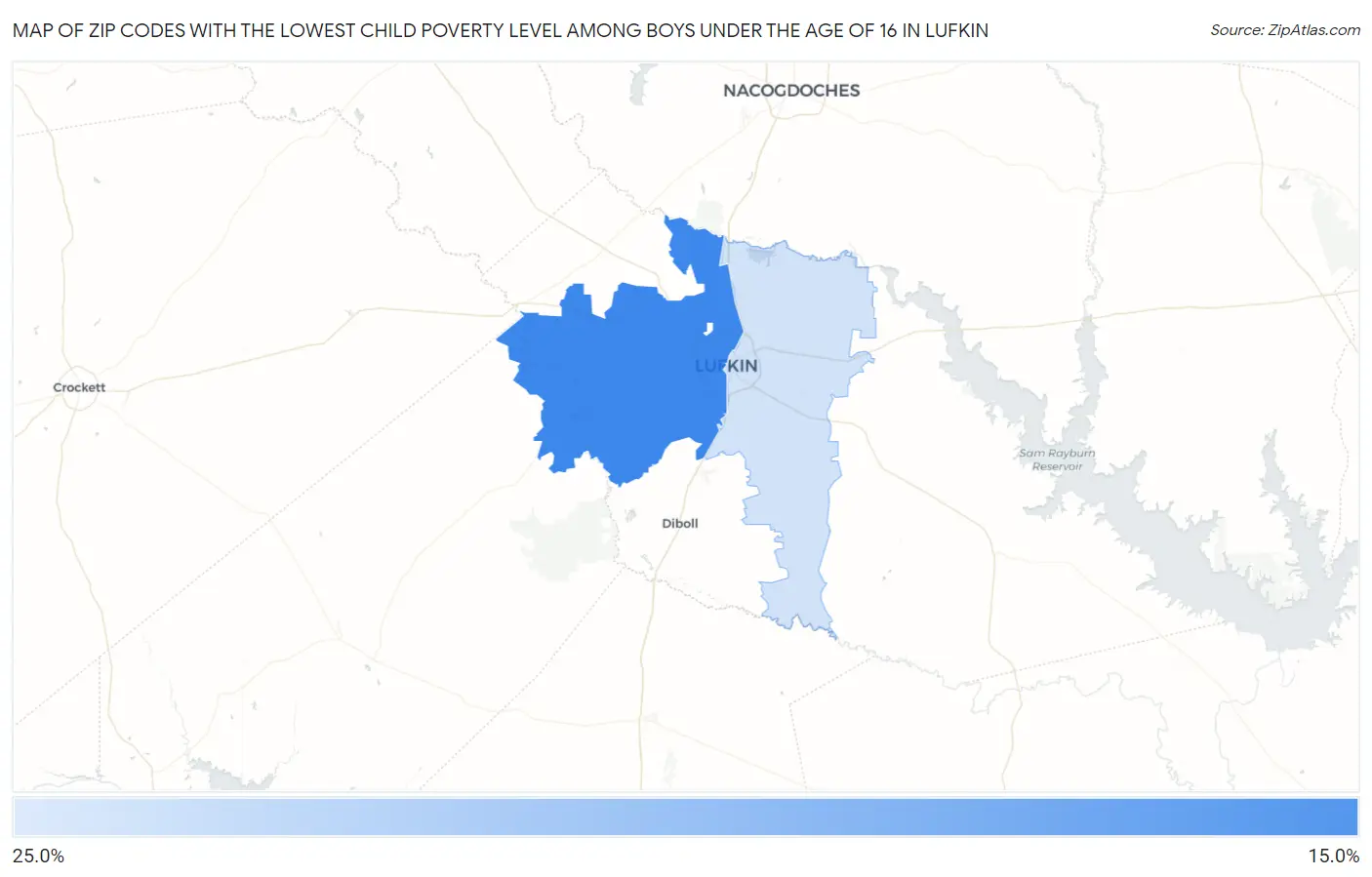 Zip Codes with the Lowest Child Poverty Level Among Boys Under the Age of 16 in Lufkin Map
