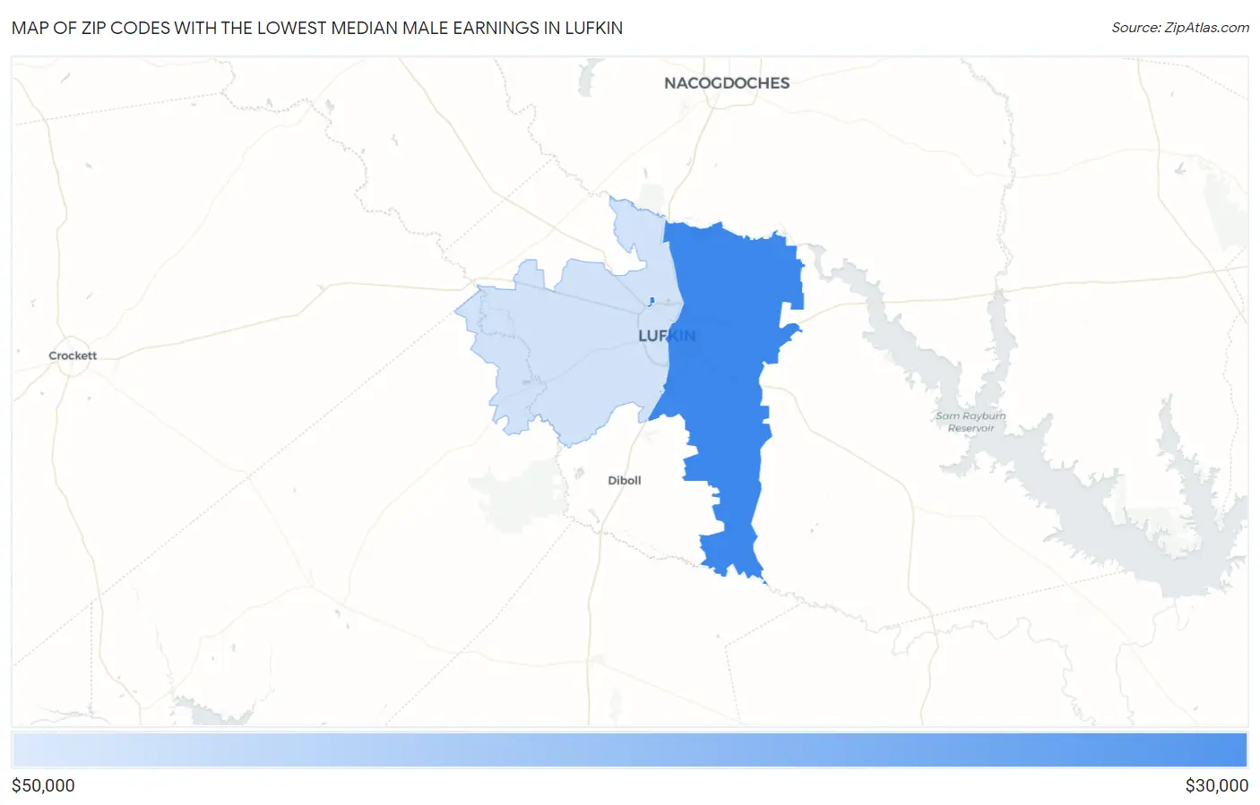 Zip Codes with the Lowest Median Male Earnings in Lufkin Map
