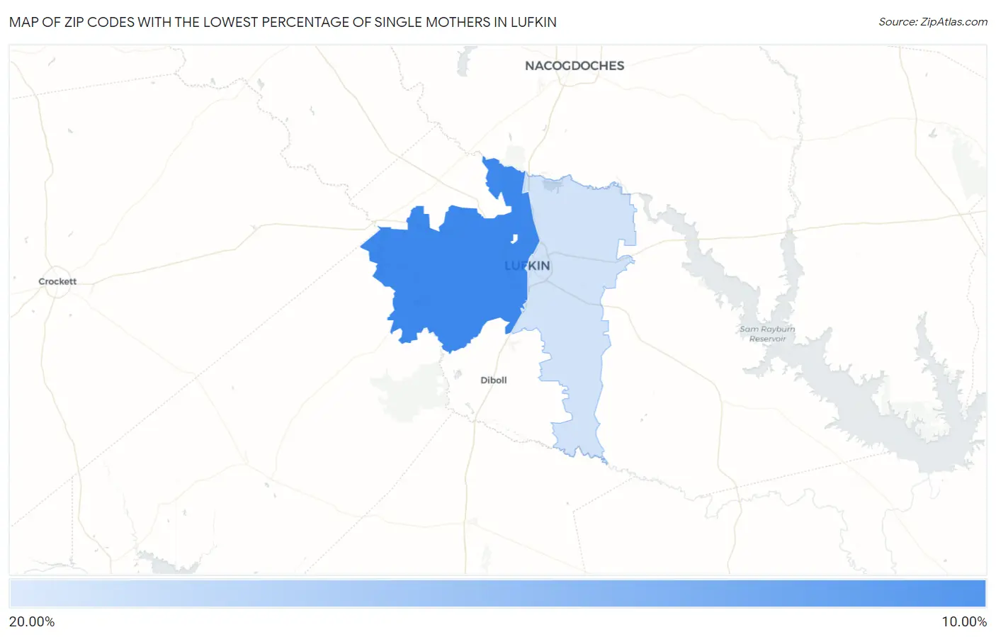 Zip Codes with the Lowest Percentage of Single Mothers in Lufkin Map