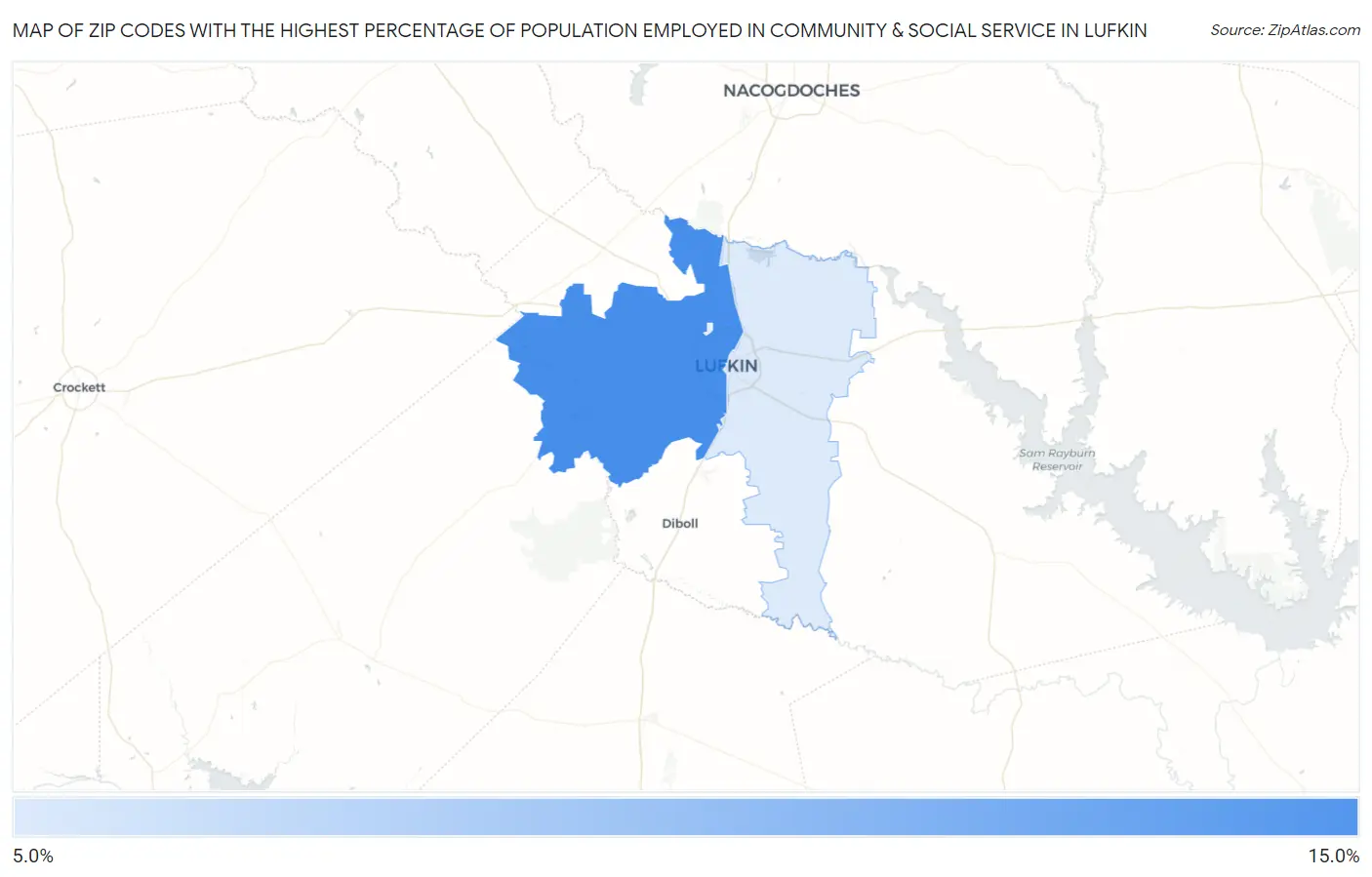Zip Codes with the Highest Percentage of Population Employed in Community & Social Service  in Lufkin Map