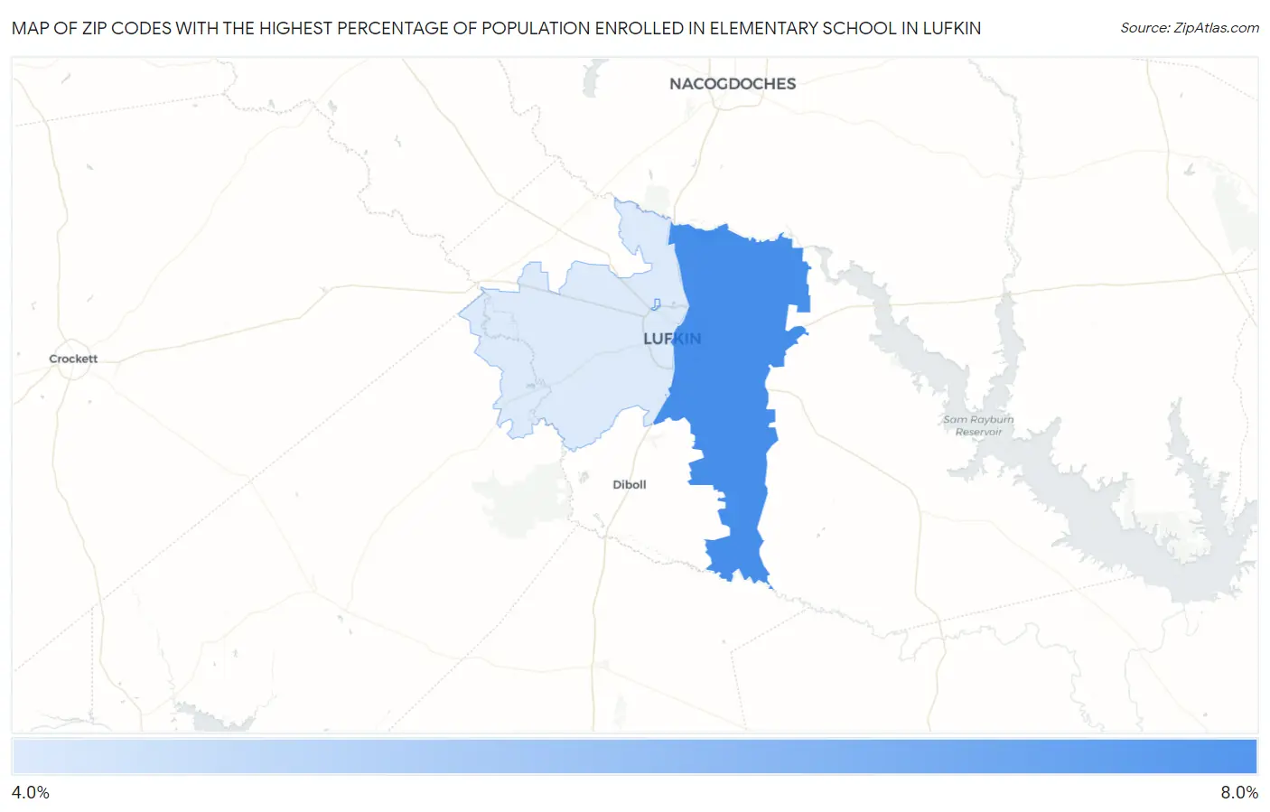 Zip Codes with the Highest Percentage of Population Enrolled in Elementary School in Lufkin Map