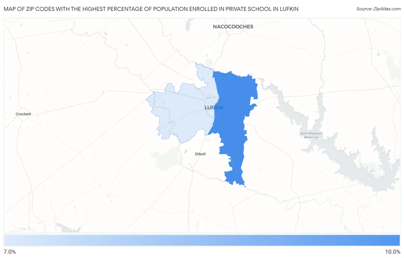 Zip Codes with the Highest Percentage of Population Enrolled in Private School in Lufkin Map
