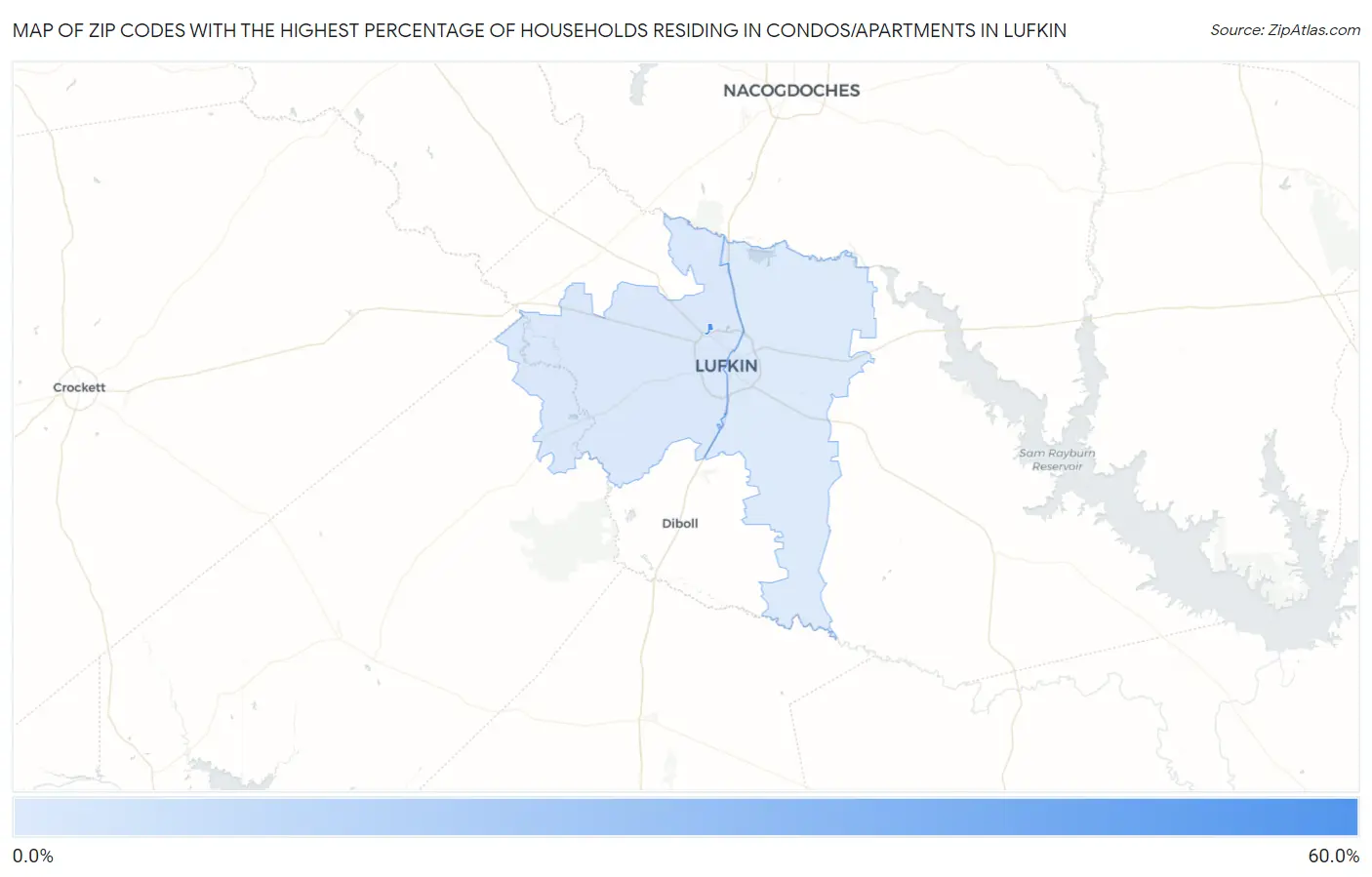 Zip Codes with the Highest Percentage of Households Residing in Condos/Apartments in Lufkin Map