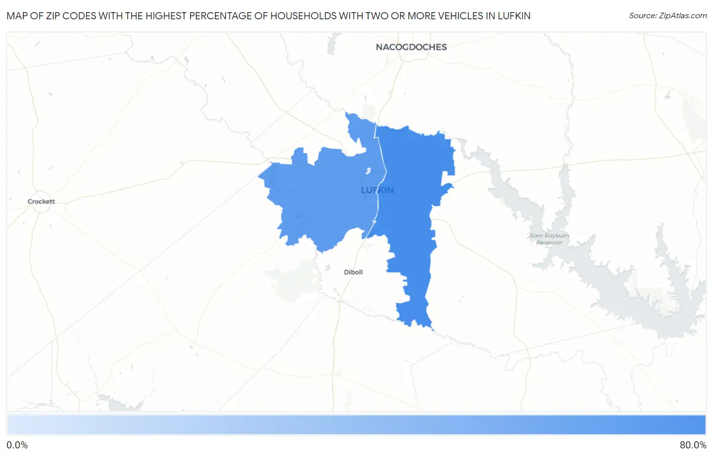 Zip Codes with the Highest Percentage of Households With Two or more Vehicles in Lufkin Map