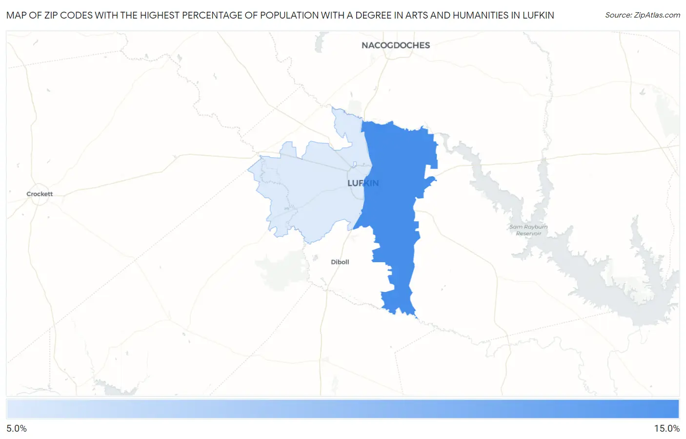 Zip Codes with the Highest Percentage of Population with a Degree in Arts and Humanities in Lufkin Map