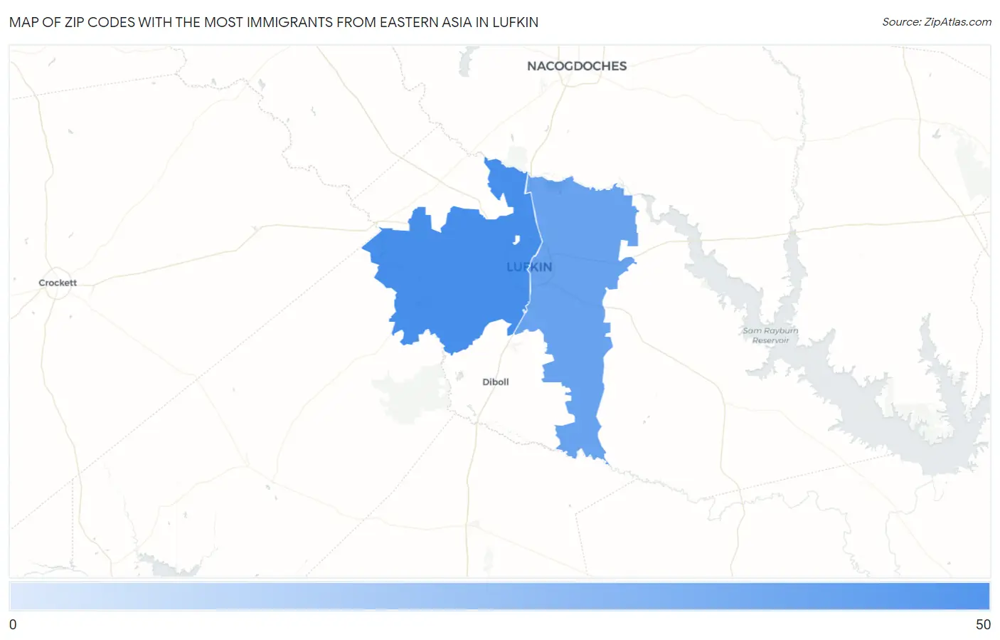 Zip Codes with the Most Immigrants from Eastern Asia in Lufkin Map