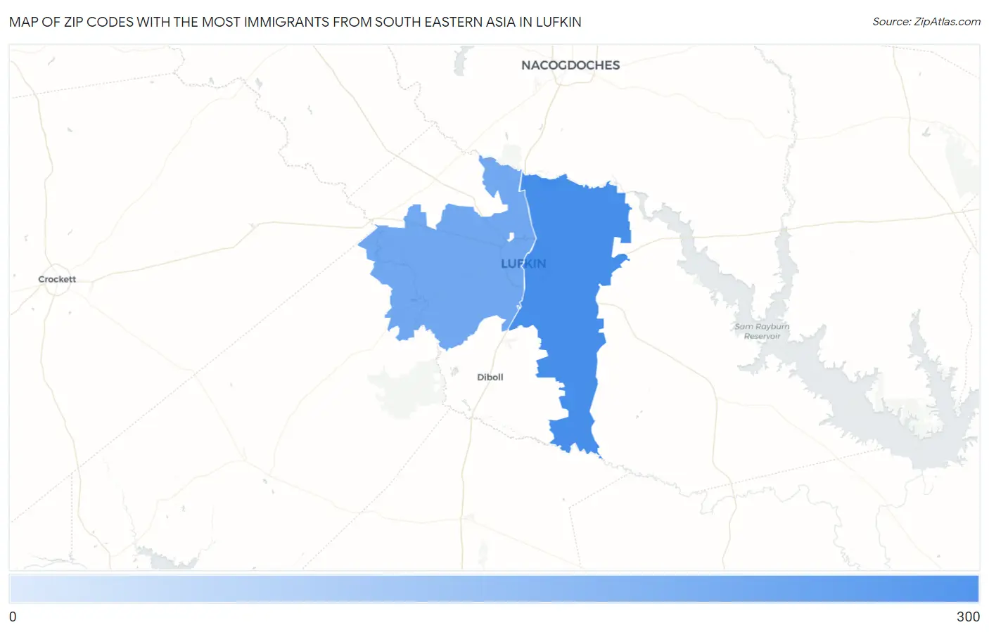 Zip Codes with the Most Immigrants from South Eastern Asia in Lufkin Map