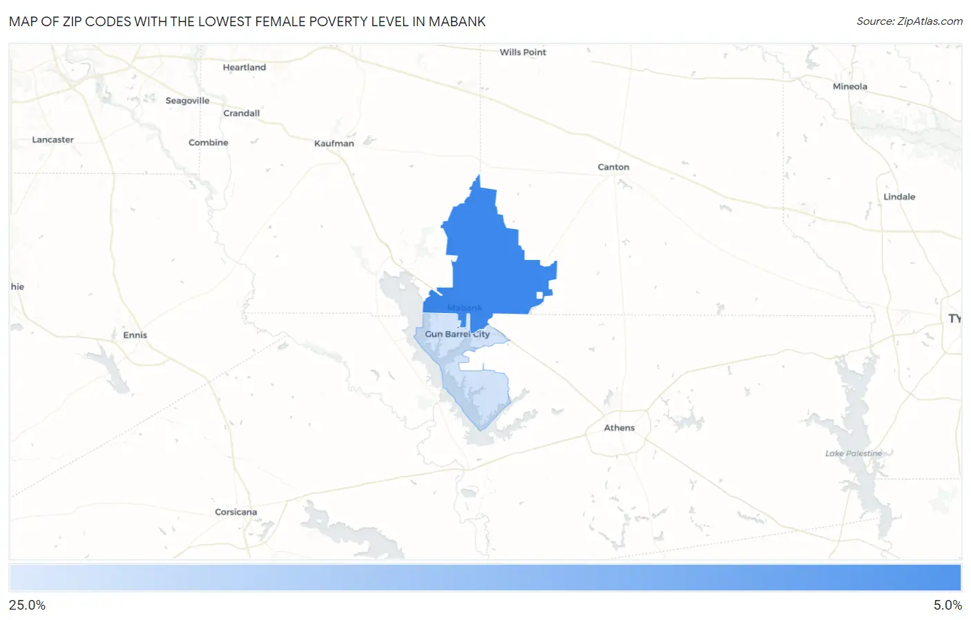 Zip Codes with the Lowest Female Poverty Level in Mabank Map