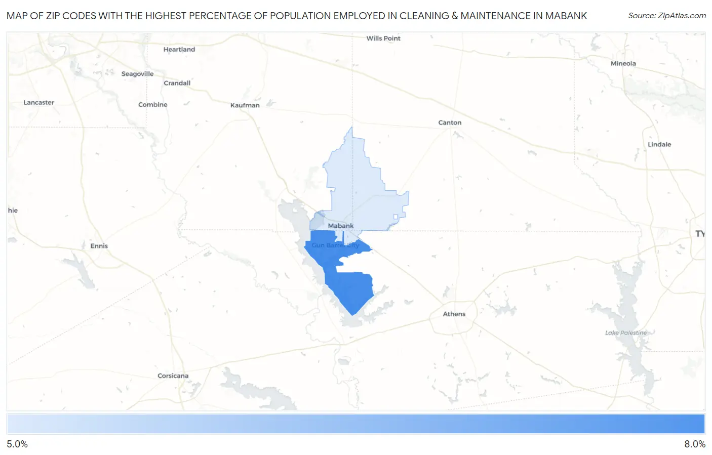 Zip Codes with the Highest Percentage of Population Employed in Cleaning & Maintenance in Mabank Map