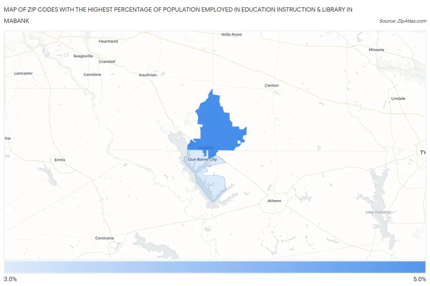 Zip Codes with the Highest Percentage of Population Employed in Education Instruction & Library in Mabank Map