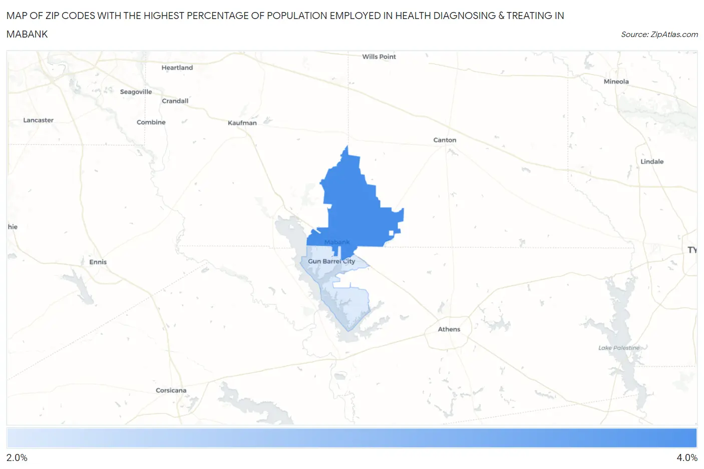 Zip Codes with the Highest Percentage of Population Employed in Health Diagnosing & Treating in Mabank Map