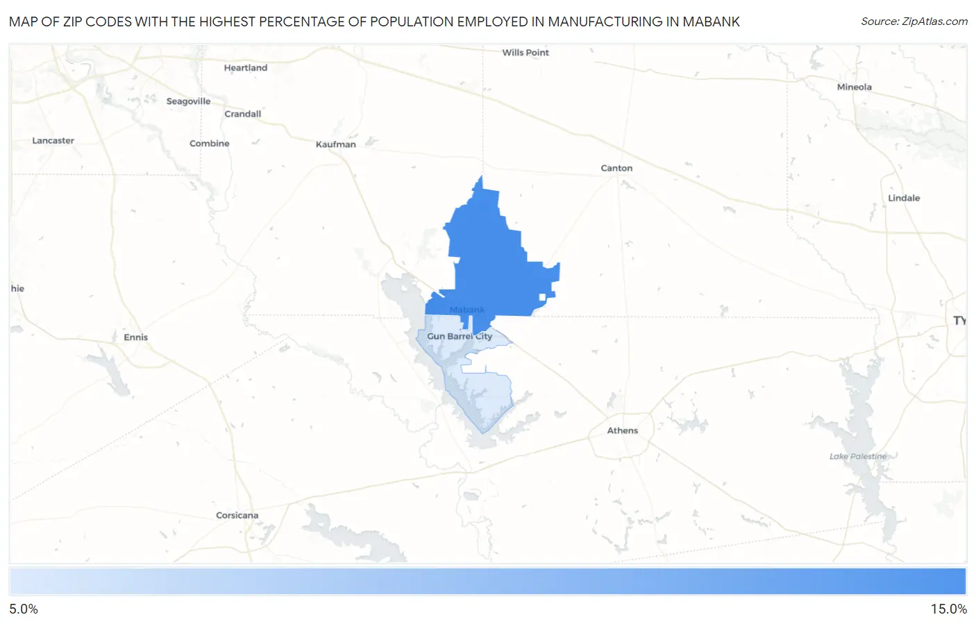 Zip Codes with the Highest Percentage of Population Employed in Manufacturing in Mabank Map