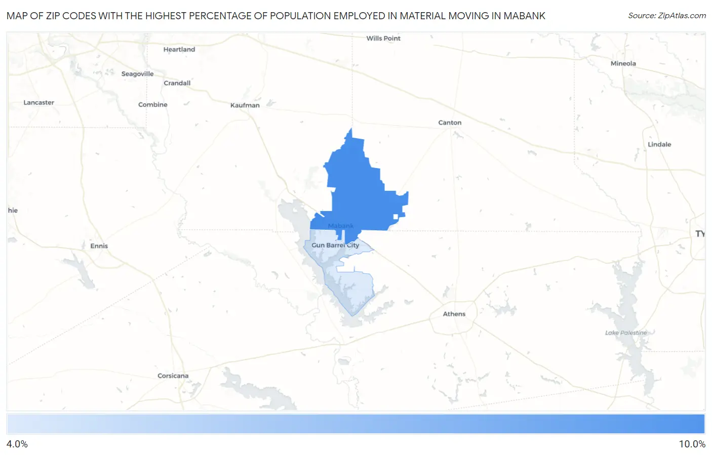 Zip Codes with the Highest Percentage of Population Employed in Material Moving in Mabank Map