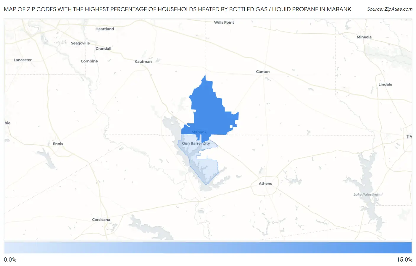 Zip Codes with the Highest Percentage of Households Heated by Bottled Gas / Liquid Propane in Mabank Map