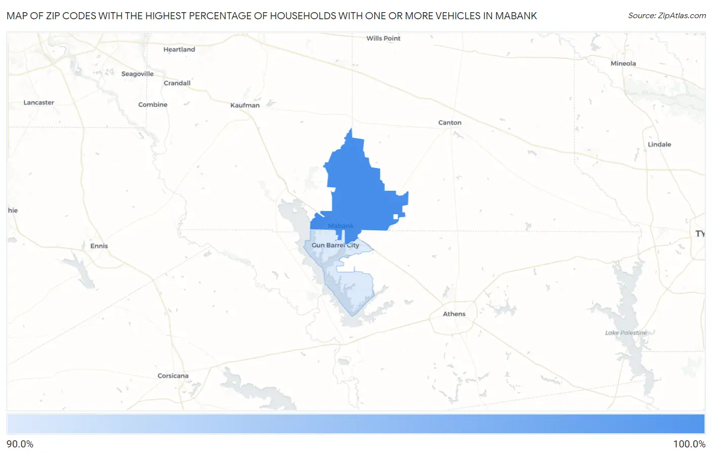 Zip Codes with the Highest Percentage of Households With One or more Vehicles in Mabank Map