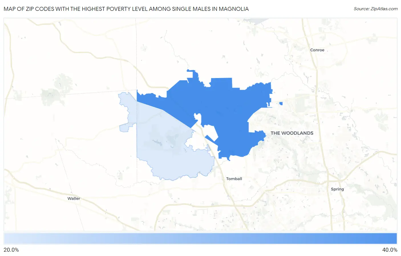 Zip Codes with the Highest Poverty Level Among Single Males in Magnolia Map