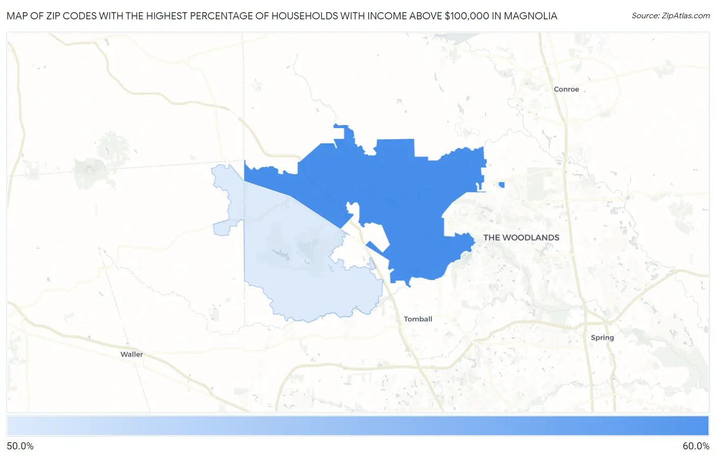 Zip Codes with the Highest Percentage of Households with Income Above $100,000 in Magnolia Map
