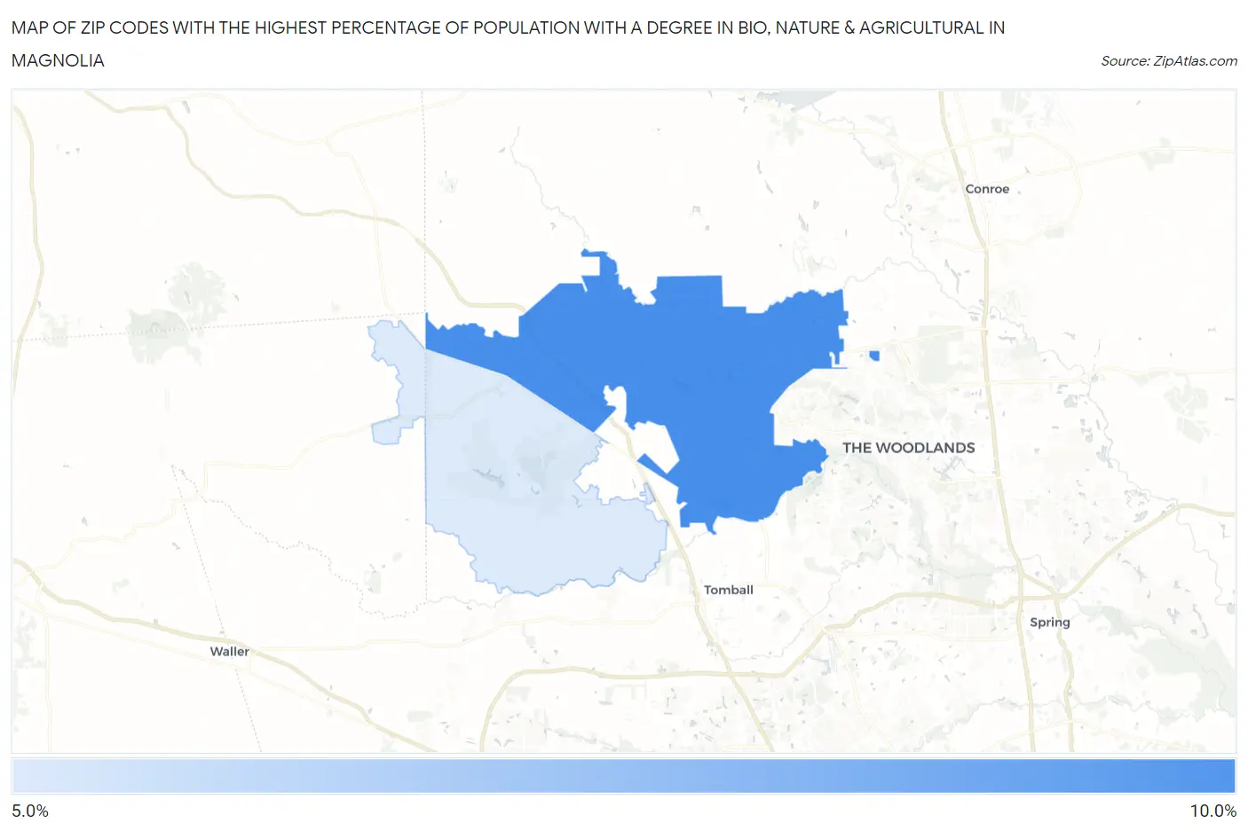 Zip Codes with the Highest Percentage of Population with a Degree in Bio, Nature & Agricultural in Magnolia Map