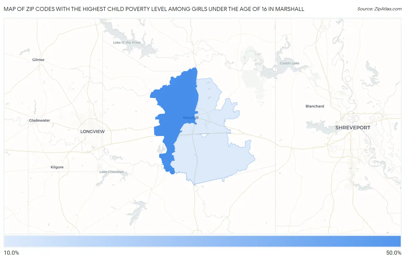 Zip Codes with the Highest Child Poverty Level Among Girls Under the Age of 16 in Marshall Map
