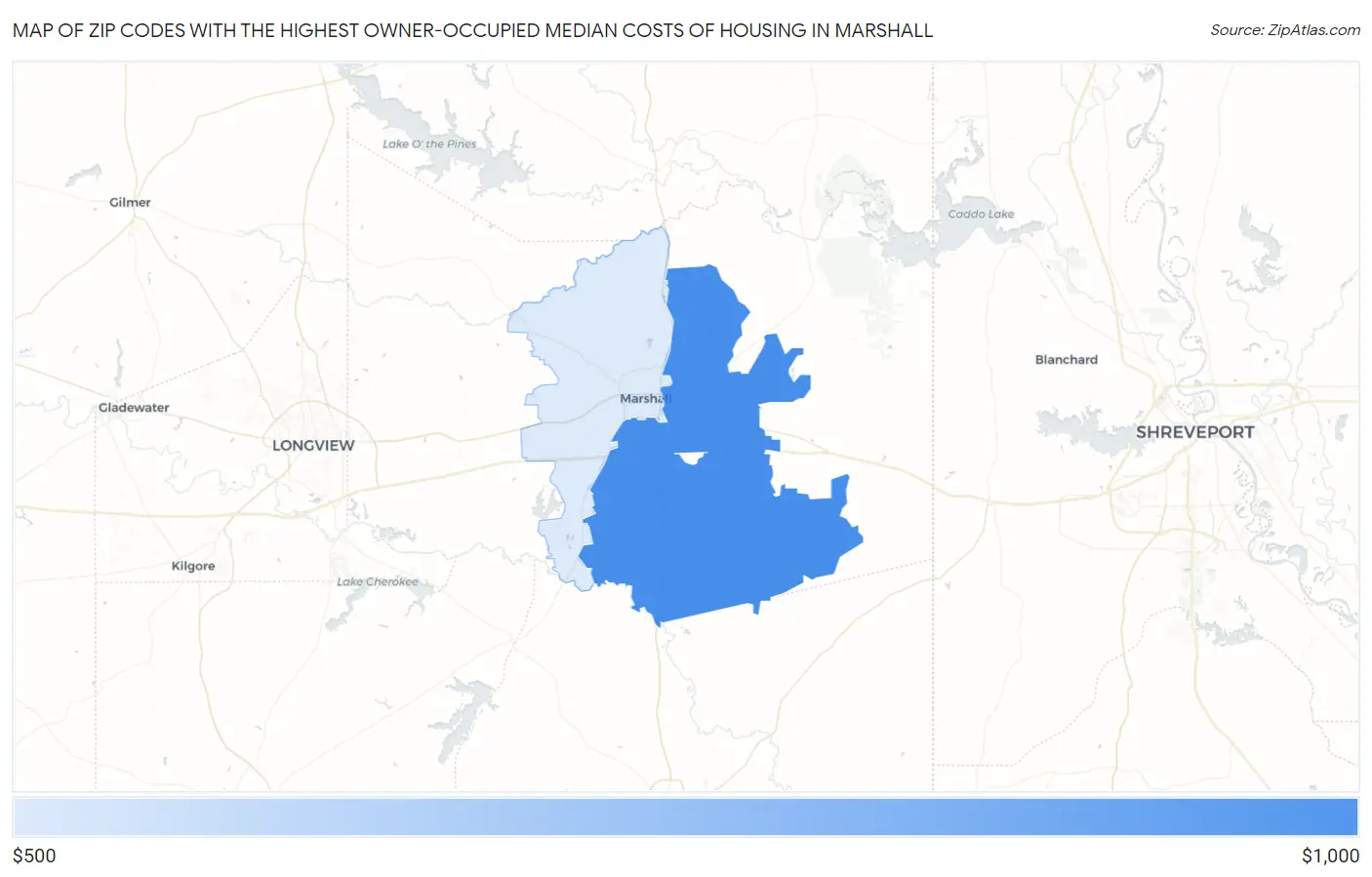 Zip Codes with the Highest Owner-Occupied Median Costs of Housing in Marshall Map