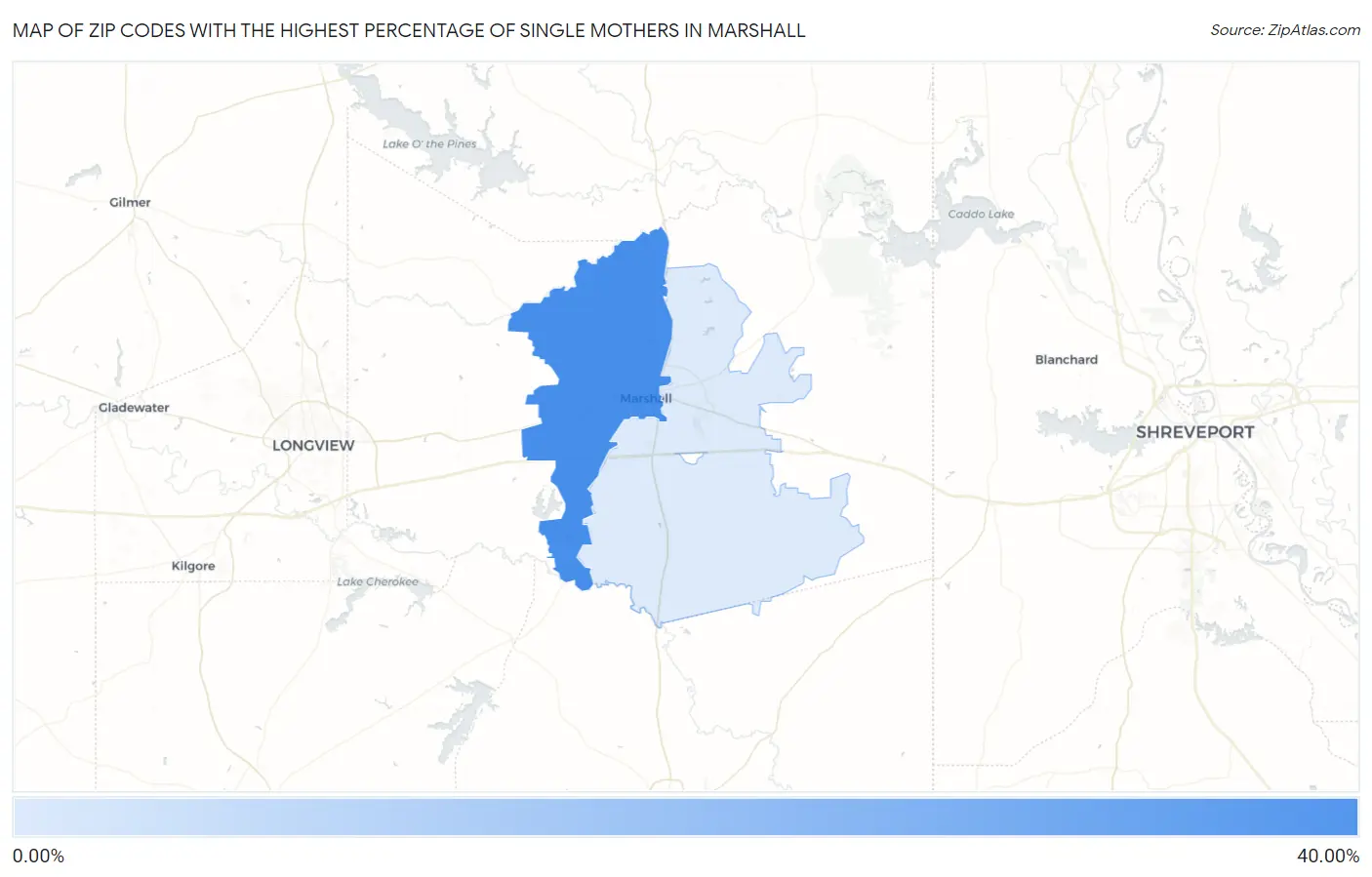 Zip Codes with the Highest Percentage of Single Mothers in Marshall Map