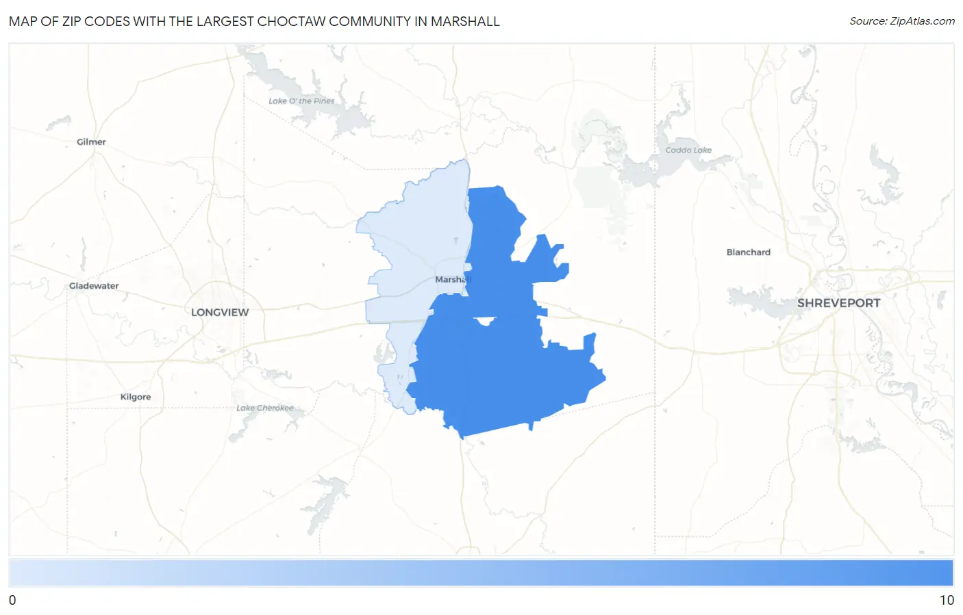 Zip Codes with the Largest Choctaw Community in Marshall Map