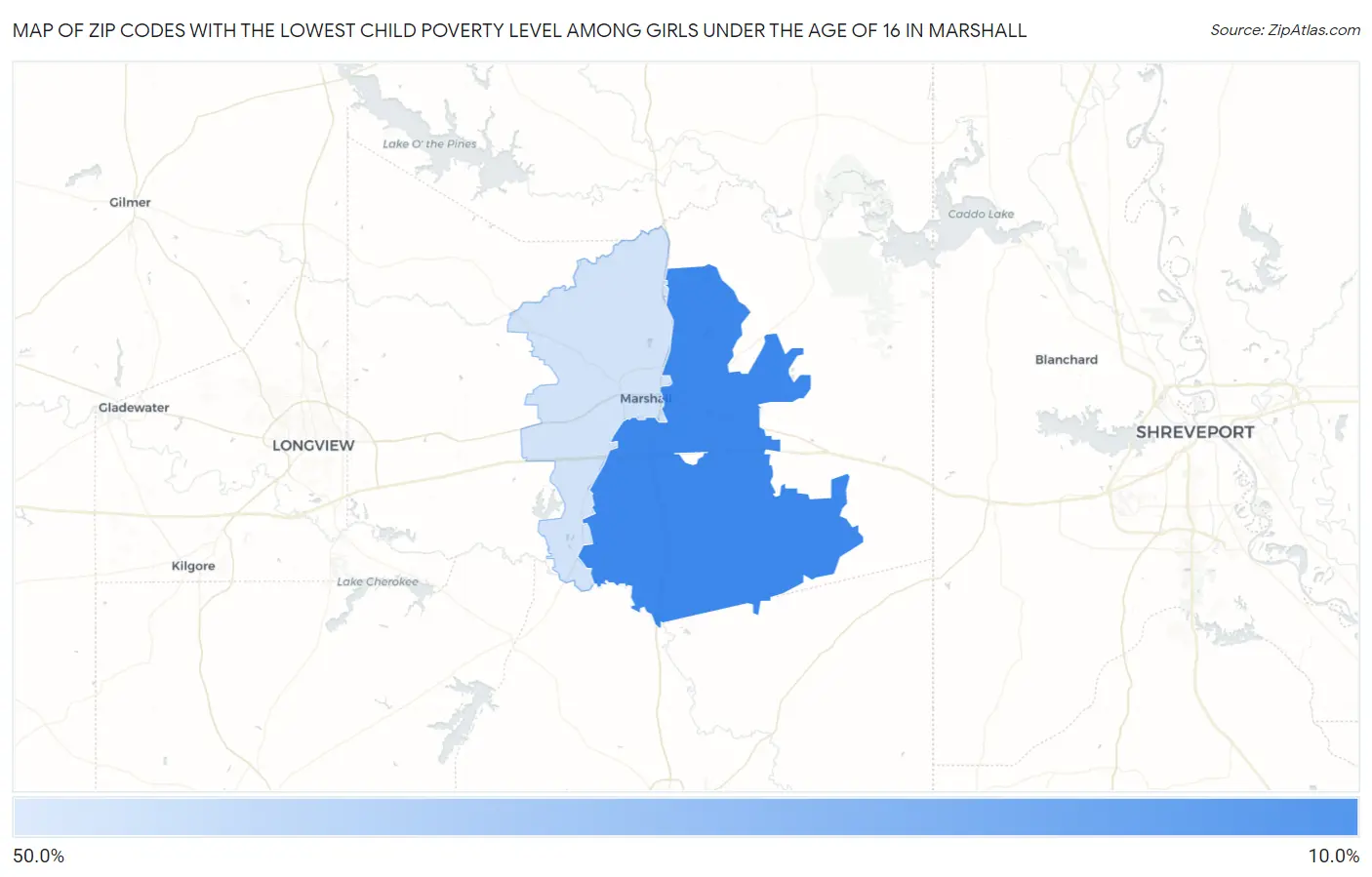 Zip Codes with the Lowest Child Poverty Level Among Girls Under the Age of 16 in Marshall Map