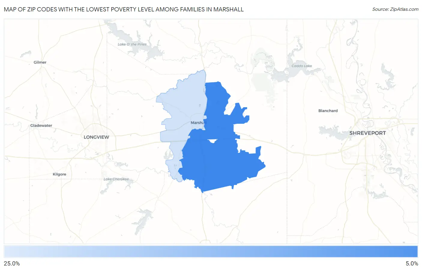 Zip Codes with the Lowest Poverty Level Among Families in Marshall Map