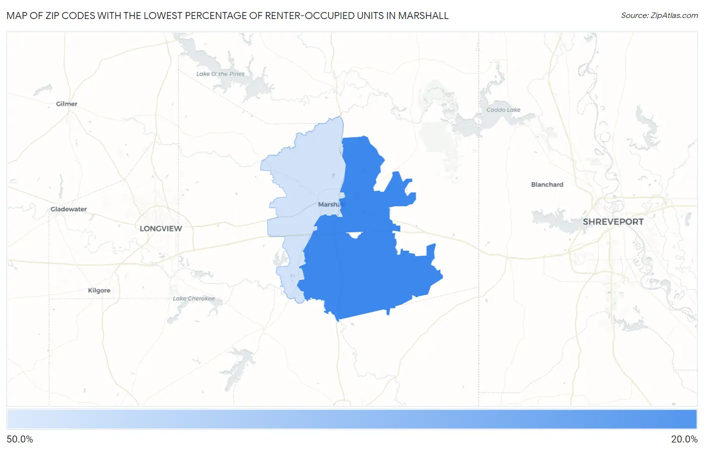 Zip Codes with the Lowest Percentage of Renter-Occupied Units in Marshall Map