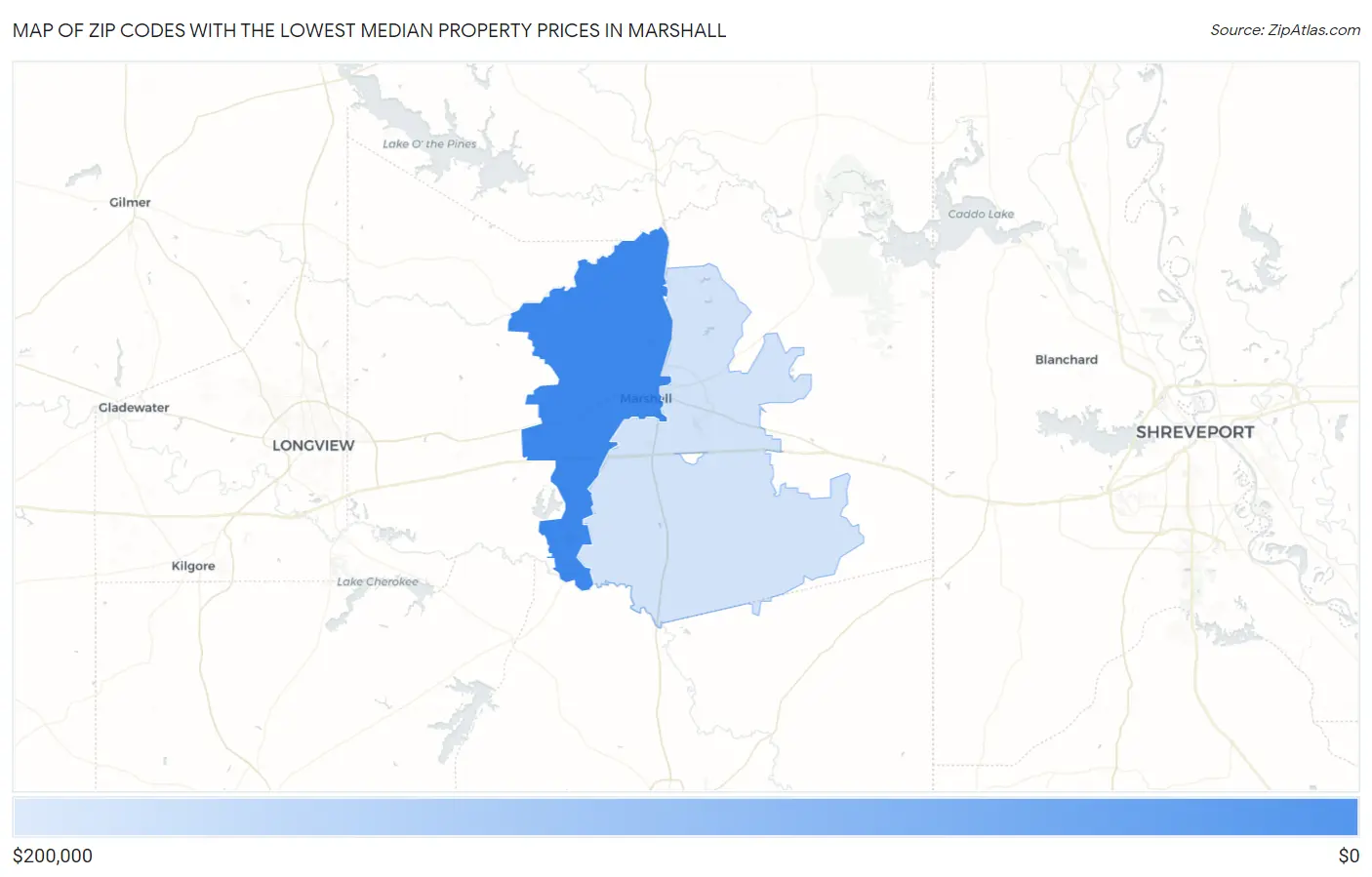 Zip Codes with the Lowest Median Property Prices in Marshall Map