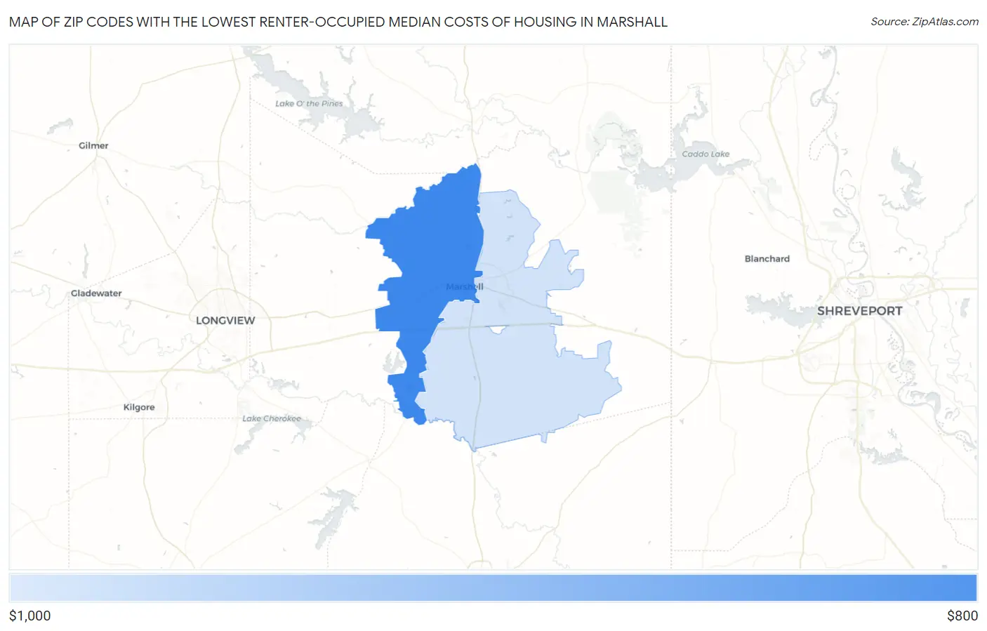 Zip Codes with the Lowest Renter-Occupied Median Costs of Housing in Marshall Map