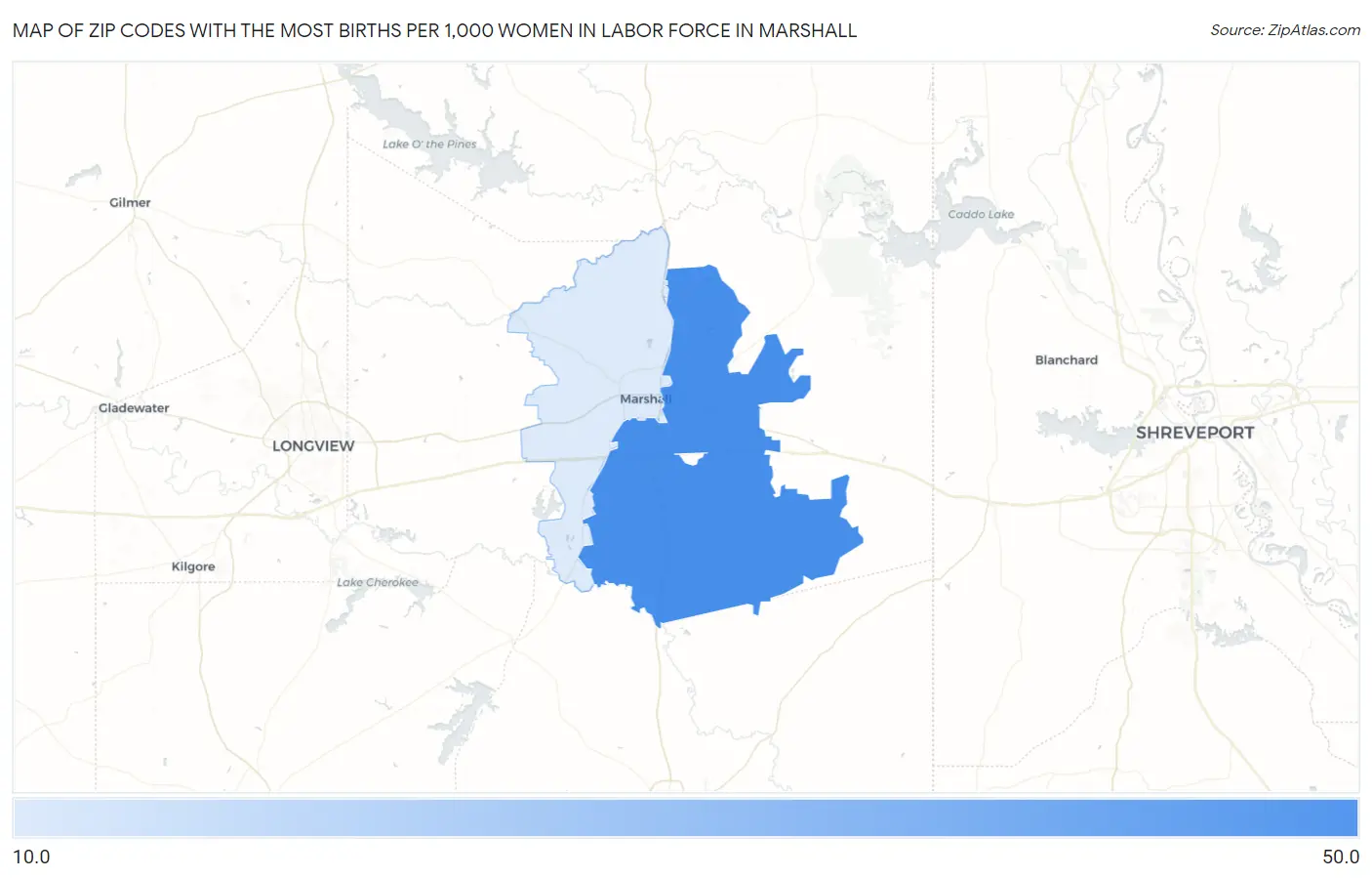 Zip Codes with the Most Births per 1,000 Women in Labor Force in Marshall Map