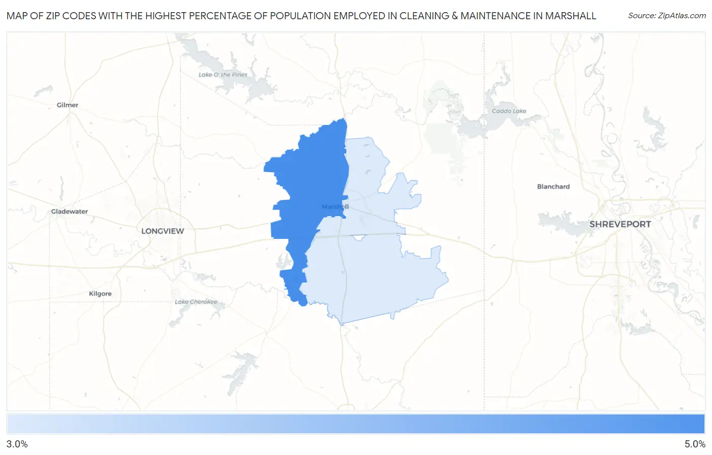 Zip Codes with the Highest Percentage of Population Employed in Cleaning & Maintenance in Marshall Map
