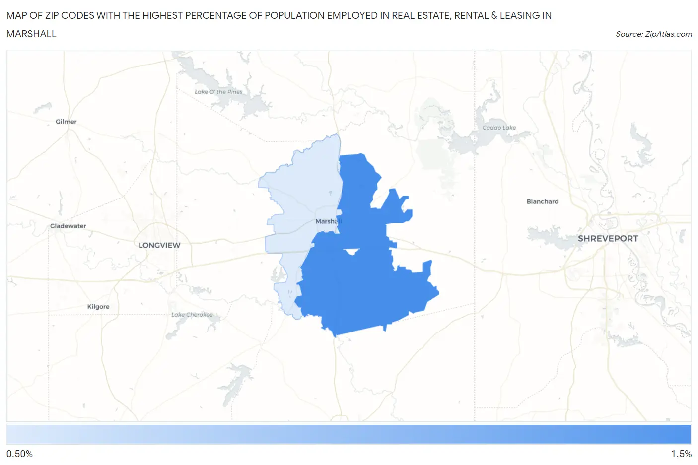 Zip Codes with the Highest Percentage of Population Employed in Real Estate, Rental & Leasing in Marshall Map