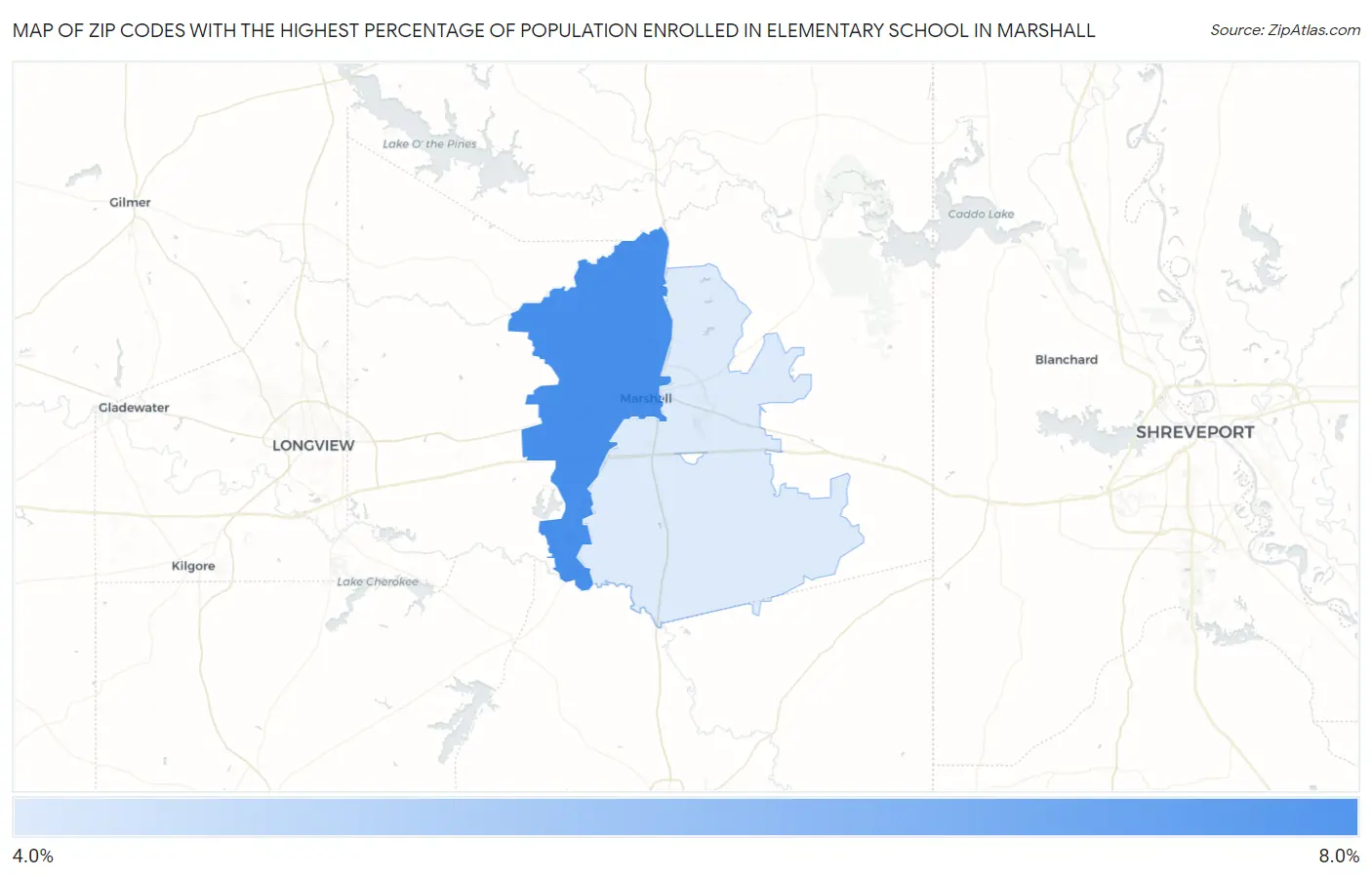 Zip Codes with the Highest Percentage of Population Enrolled in Elementary School in Marshall Map