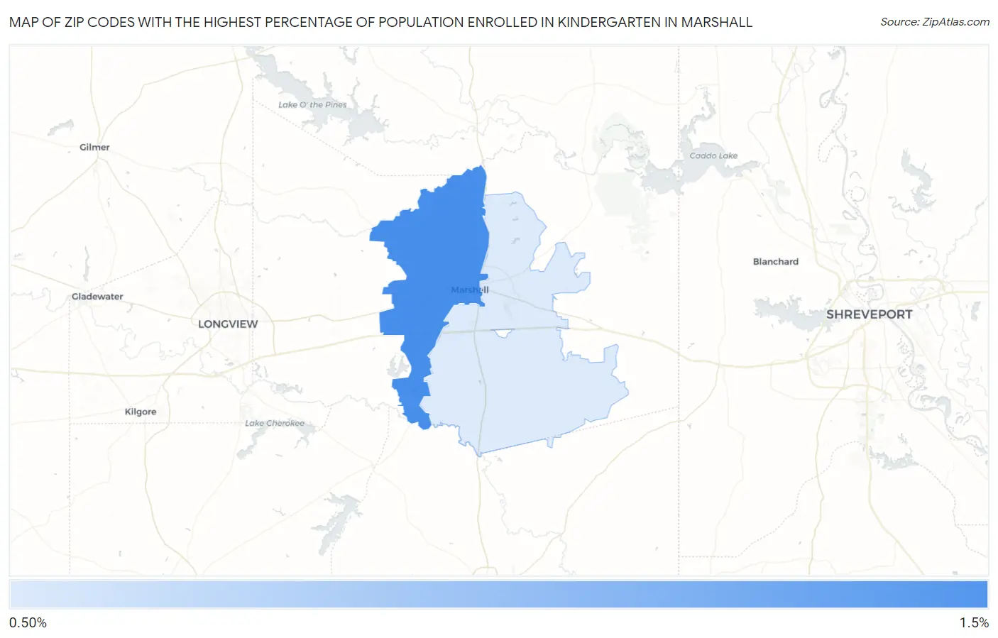 Zip Codes with the Highest Percentage of Population Enrolled in Kindergarten in Marshall Map